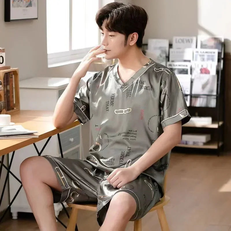 Pijama masculino de manga curta, roupa de verão em seda gelada, cardigã fino