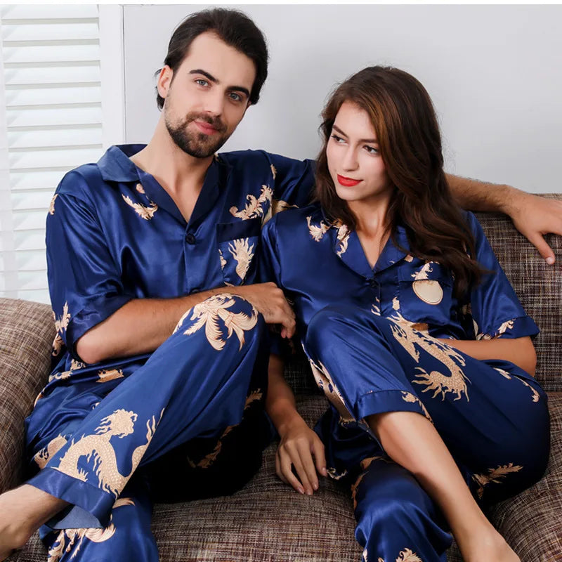 Camisola de casal estilo chinês fina de manga comprida com estampa de seda e cetim