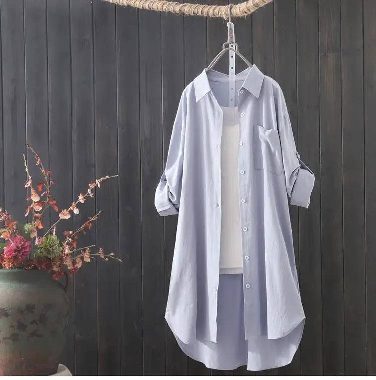 Camisa branca feminina midi solta e respirável, cor sólida, camisas longas Sucesso Ativo