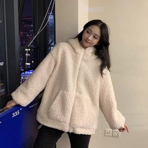 Casaco feminino outono inverno com zíper kawaii lã pele sintética moletom manga comprida com capuz orelhas de urso de pelúcia moletom macio branco teddy