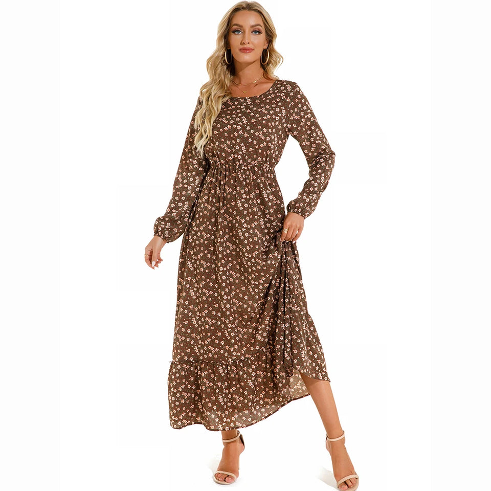 Vestido longo boêmio feminino  cintura alta chiffon, floral, novo Sucesso