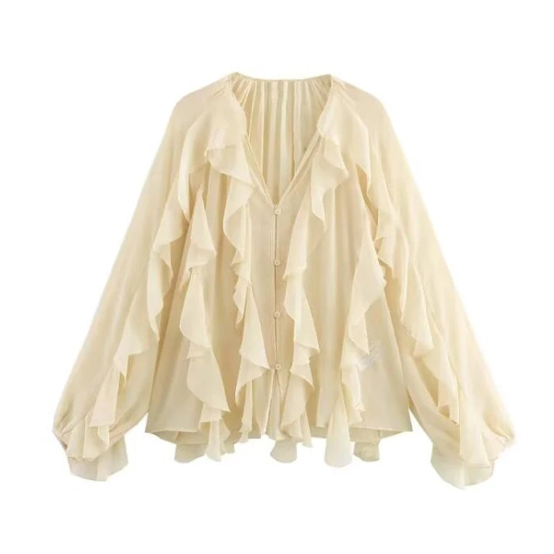 Blusas femininas com babados TRAF, blusas casuais semitransparentes