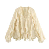 Blusas femininas com babados TRAF, blusas casuais semitransparentes