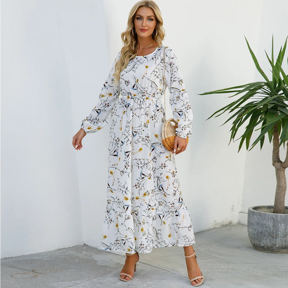 Vestido longo boêmio feminino  cintura alta chiffon, floral, novo Sucesso