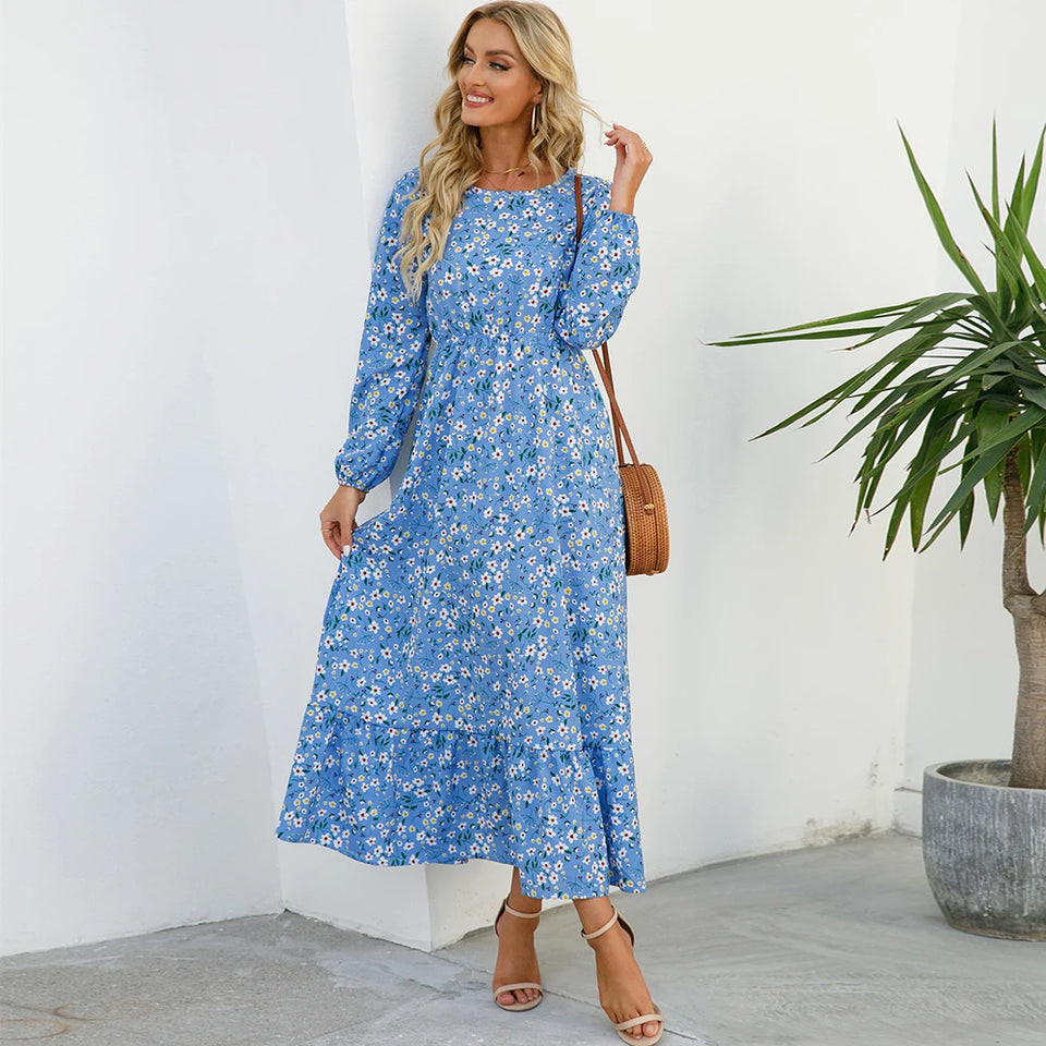 Vestido longo boêmio feminino  cintura alta chiffon, floral, novo Sucesso