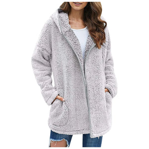 Casaco longo de pelúcia feminino para outono e inverno, casaco de lã grosso e quente, gola virada para baixo, casaco de pelúcia feminino casual