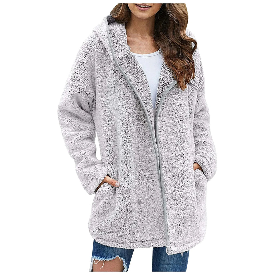 Casaco longo de pelúcia feminino para outono e inverno, casaco de lã grosso e quente, gola virada para baixo, casaco de pelúcia feminino casual