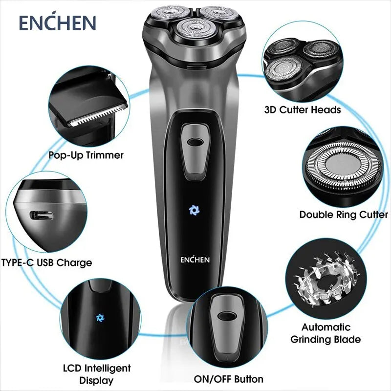 Barbeador elétrico rotativo ENCHEN Blackstone para homens, lâmina flutuante 3D