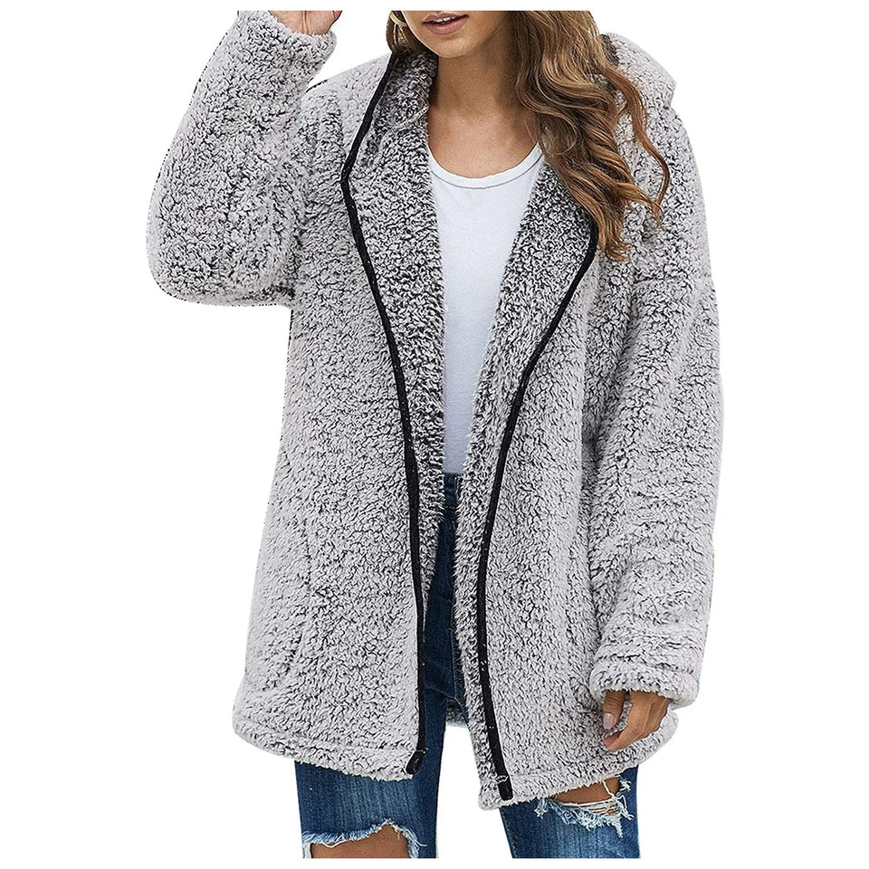 Casaco longo de pelúcia feminino para outono e inverno, casaco de lã grosso e quente, gola virada para baixo, casaco de pelúcia feminino casual