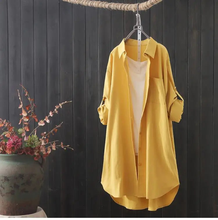 Camisa branca feminina midi solta e respirável, cor sólida, camisas longas Sucesso Ativo