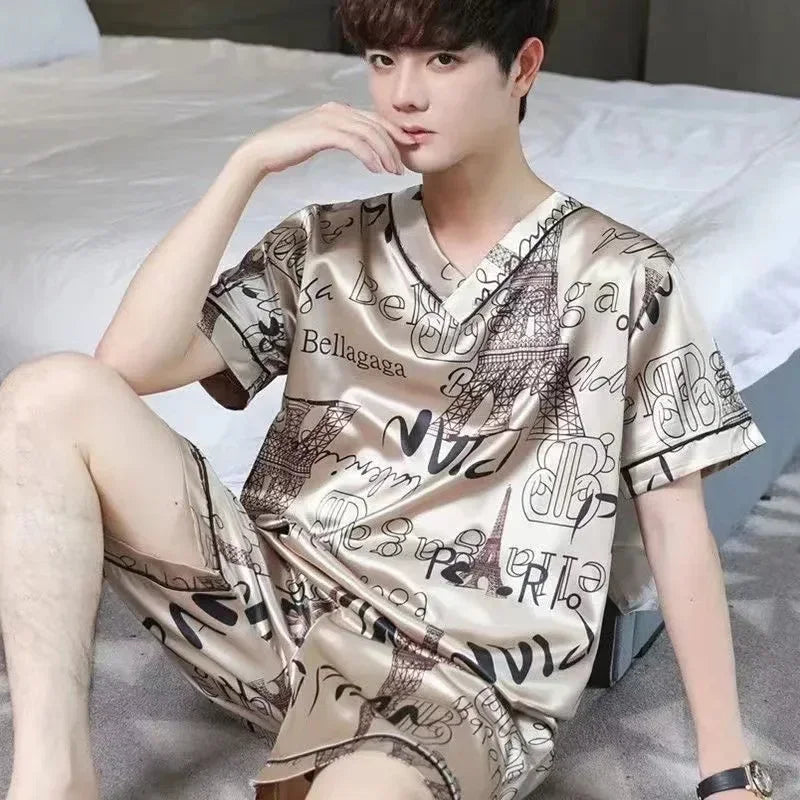 Pijama masculino de manga curta, roupa de verão em seda gelada, cardigã fino