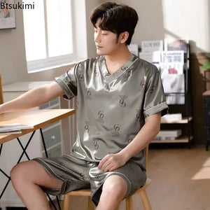 Pijama masculino de manga curta, roupa de verão em seda gelada, cardigã fino