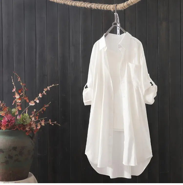 Camisa branca feminina midi solta e respirável, cor sólida, camisas longas Sucesso Ativo